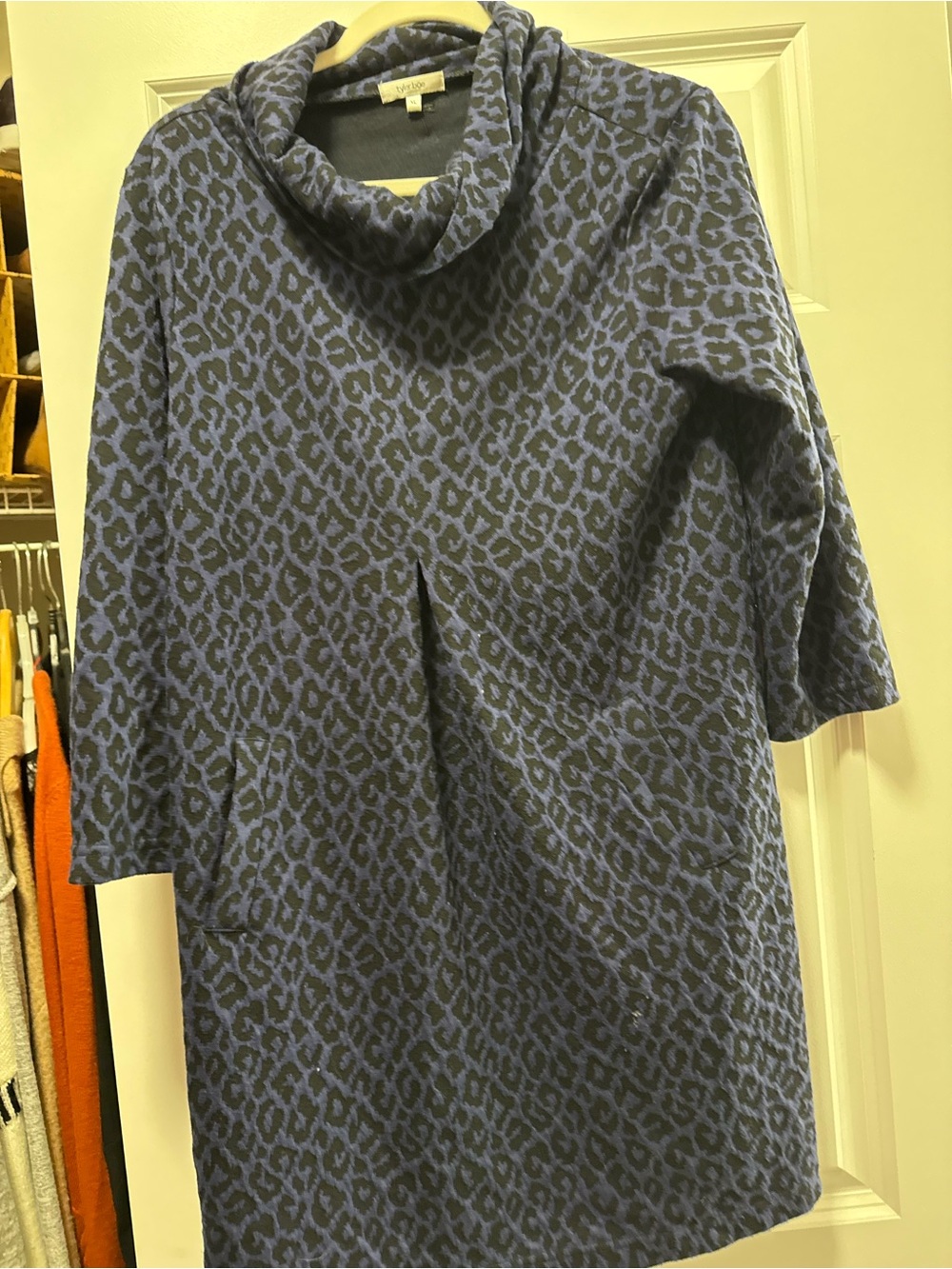 Tyler Boe Blue and Black Leopard Print Cowl Neck Sweater Dress